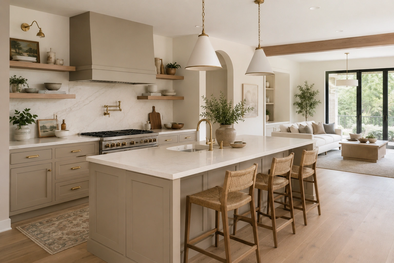 Warm greige kitchen island with white quartz countertop in an open-plan kitchen and living room.