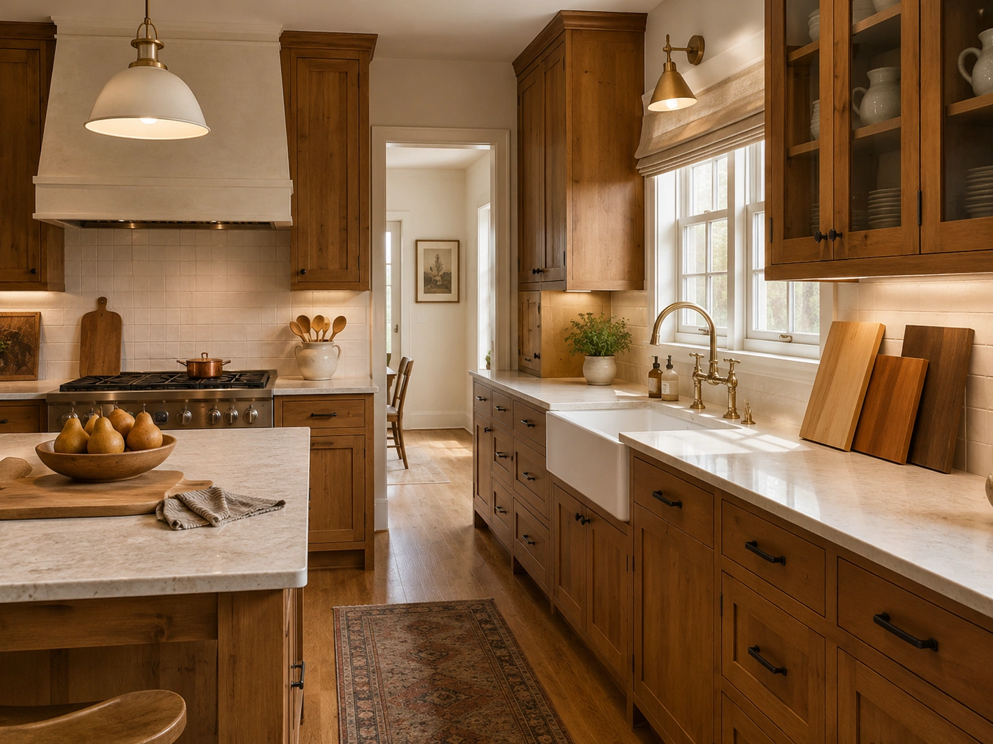 Warm honey-stained farmhouse kitchen with shaker cabinets, apron sink, bridge faucet and white stone counters.