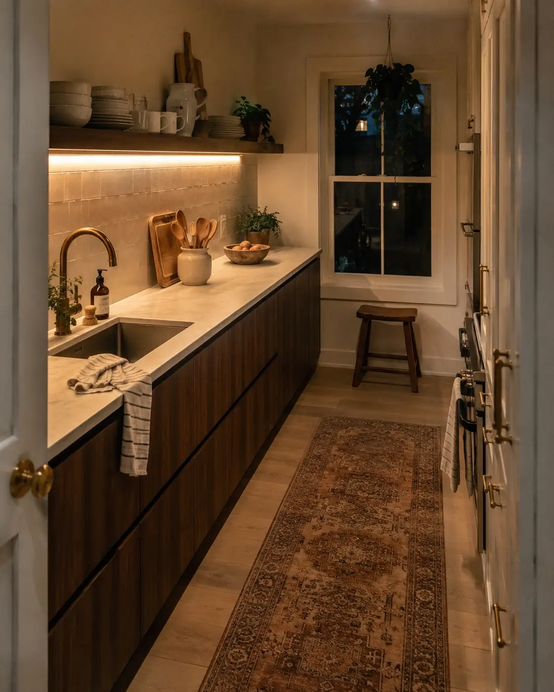 Warm LED strip under a floating shelf lights a narrow galley kitchen with walnut cabinets and a vintage runner.