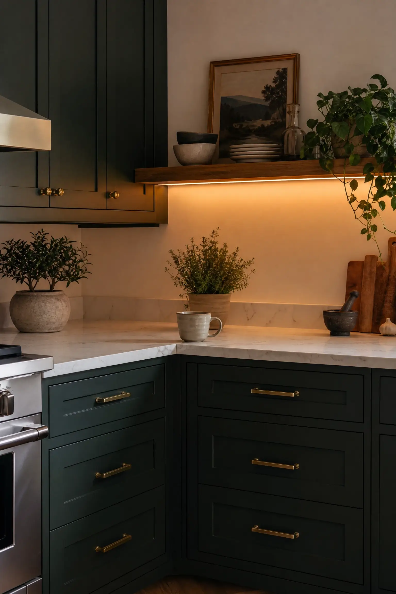 Dark green kitchen cabinets with a warm LED strip under a floating wood shelf at night