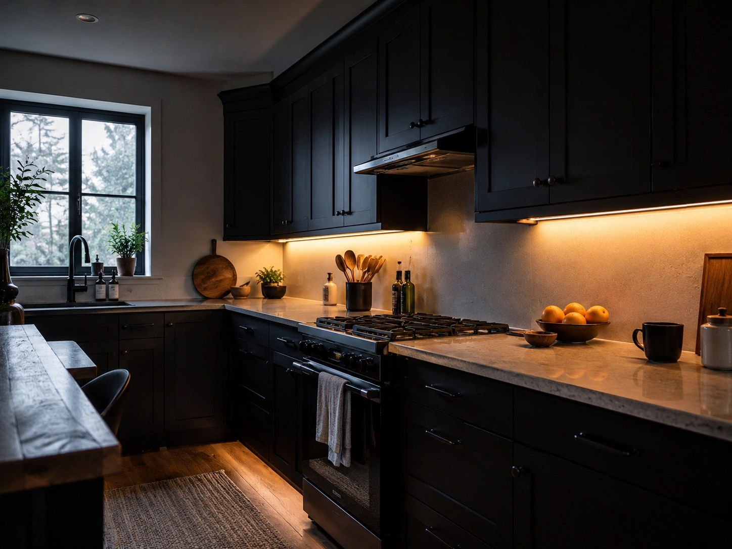 Warm LED strip lighting under black kitchen cabinets brightens a dark modern kitchen.
