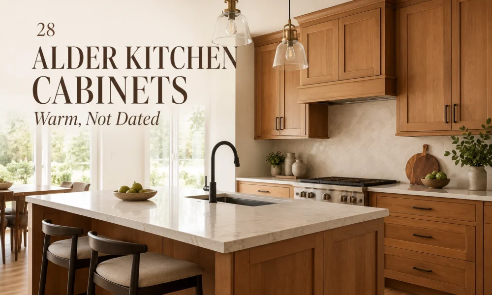 Warm alder kitchen cabinets with marble island, black hardware, pendant lights, and modern cream backsplash.