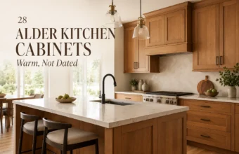 Warm alder kitchen cabinets with marble island, black hardware, pendant lights, and modern cream backsplash.