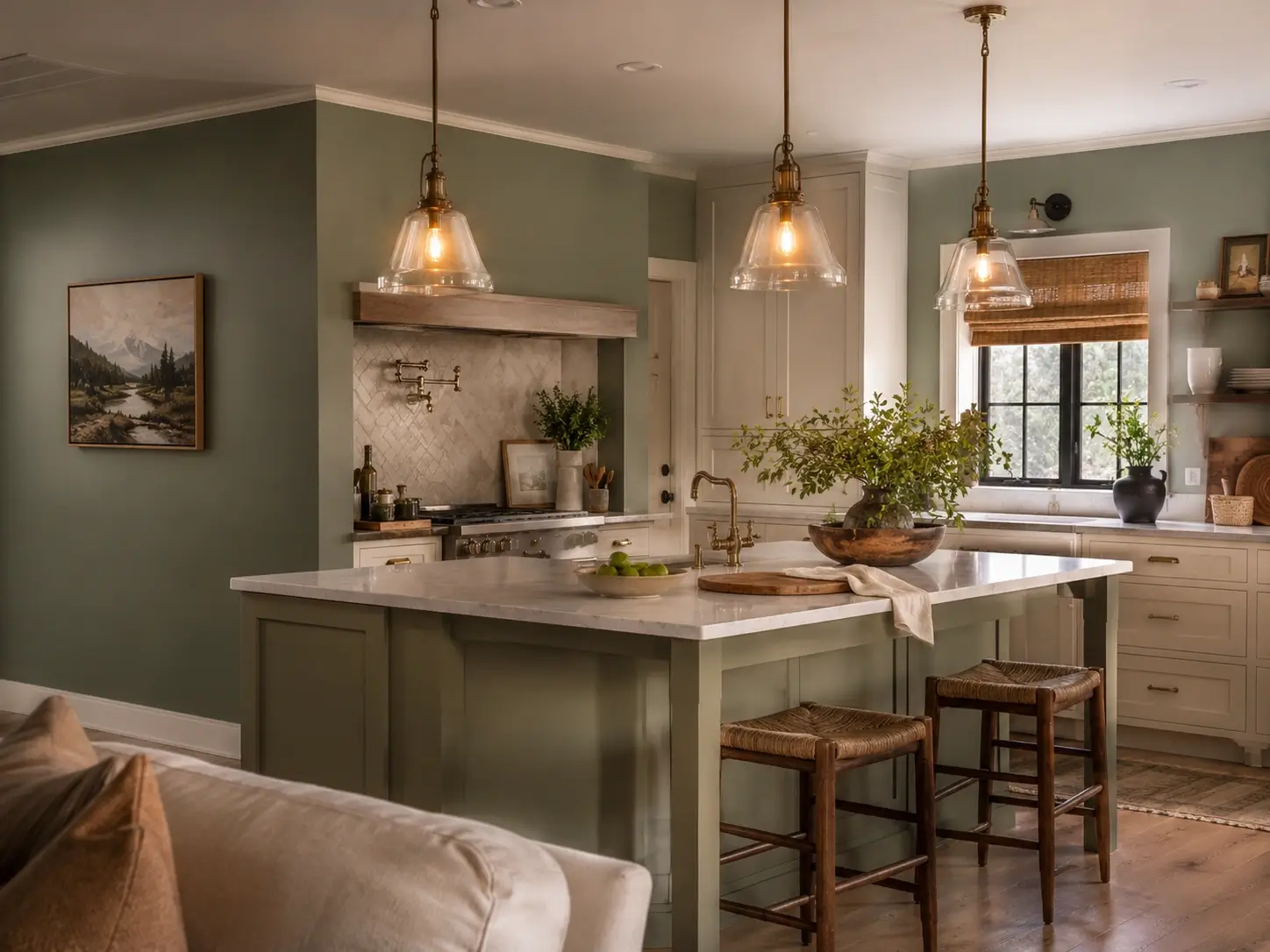 Warm glass pendant lights over a sage green kitchen island with cream cabinets and brass accents.