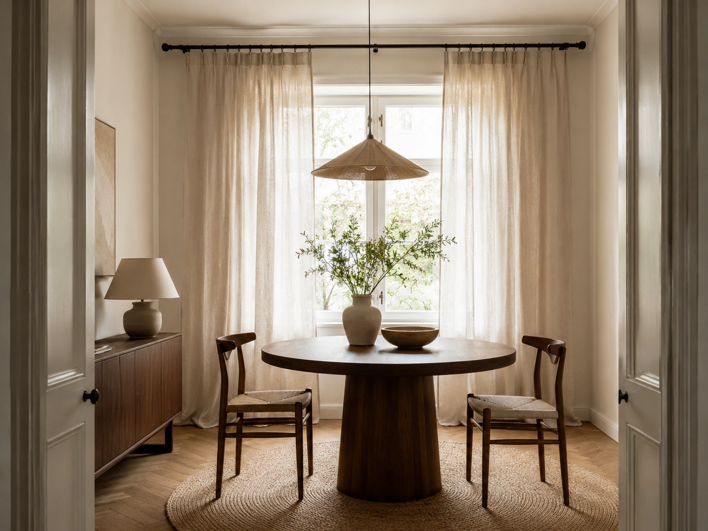 Warm Scandinavian dining room with round walnut table, linen curtains, jute rug, and woven pendant light.
