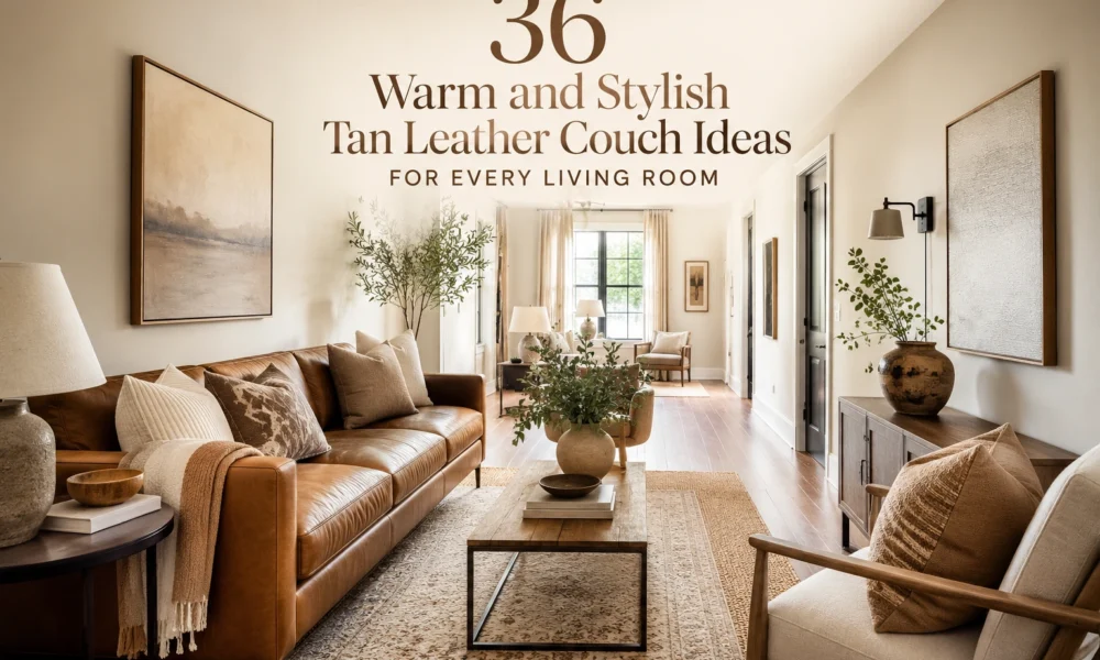 Narrow living room with tan leather couch, neutral pillows, layered rugs, wood table, and warm natural light.