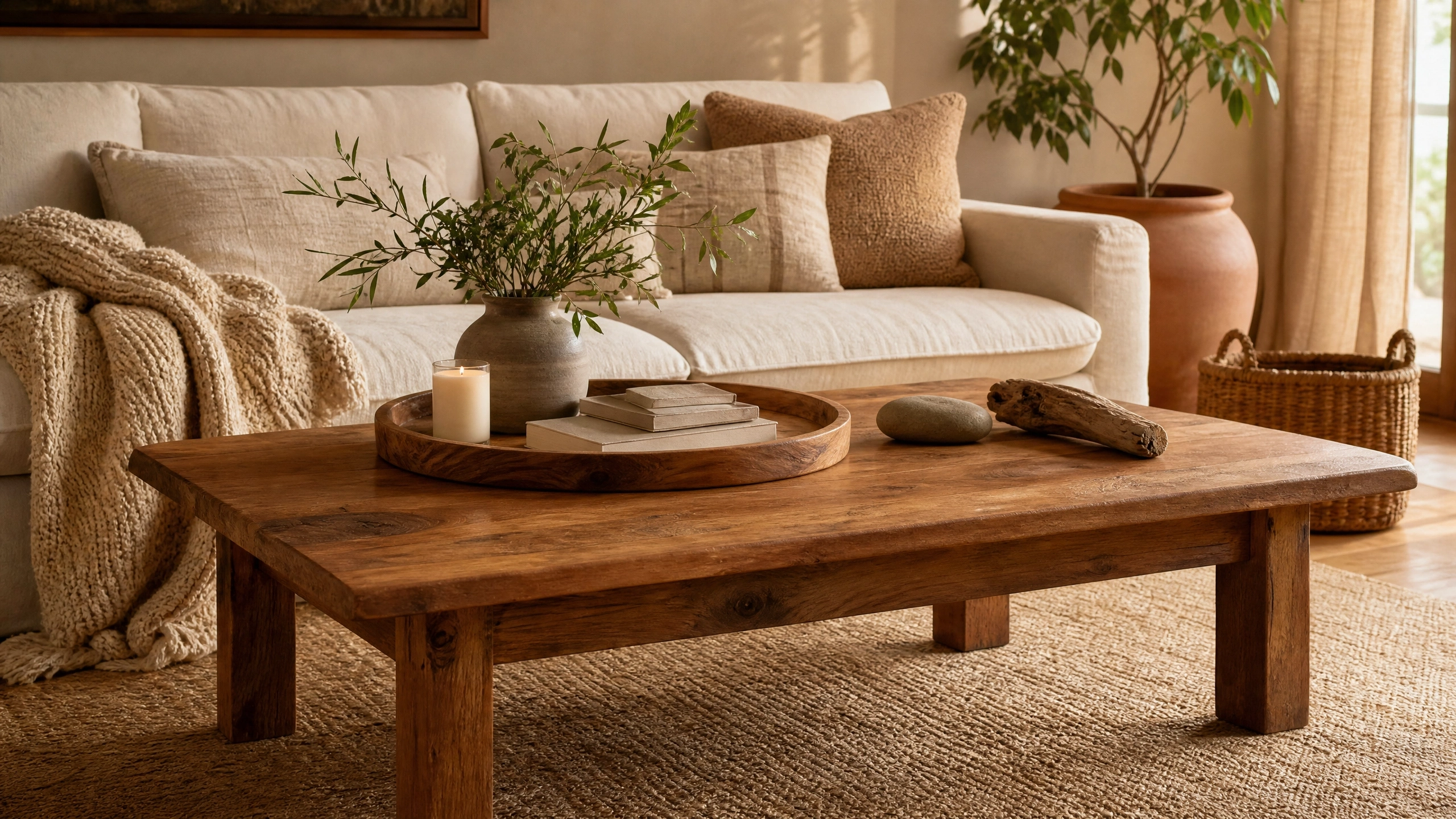 Warm walnut coffee table styled with natural decor in a cozy earthy living room