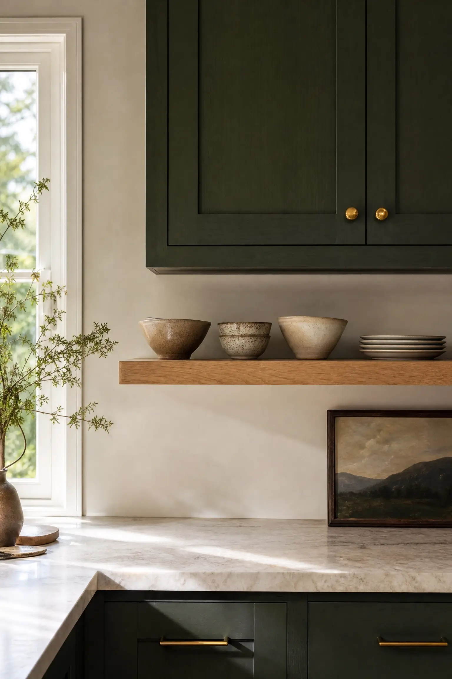 Warm white oak floating shelf beside dark green kitchen cabinets styled with three ceramic bowls.