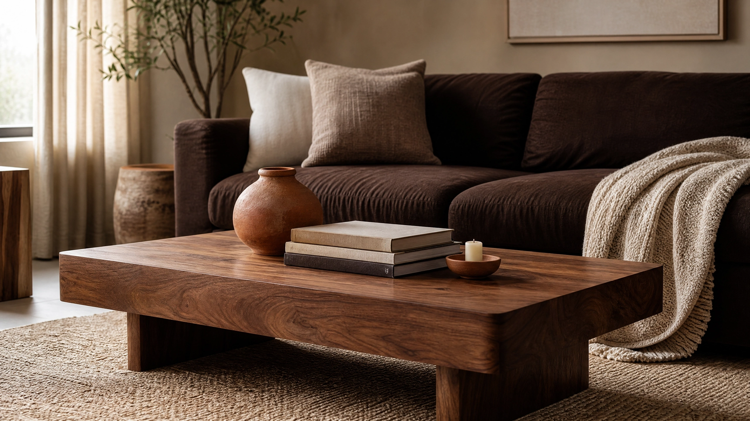 Warm wood coffee table layered with a dark brown sofa, neutral pillows, cozy throw, and earthy decor.