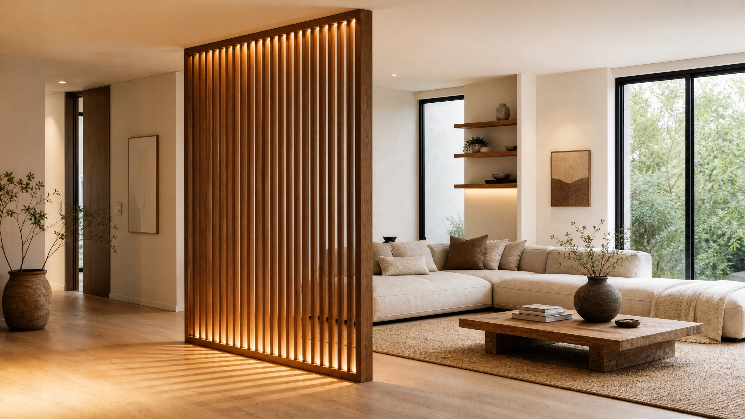 Warm wooden slat screen with hidden LED lighting dividing a Japandi living room.