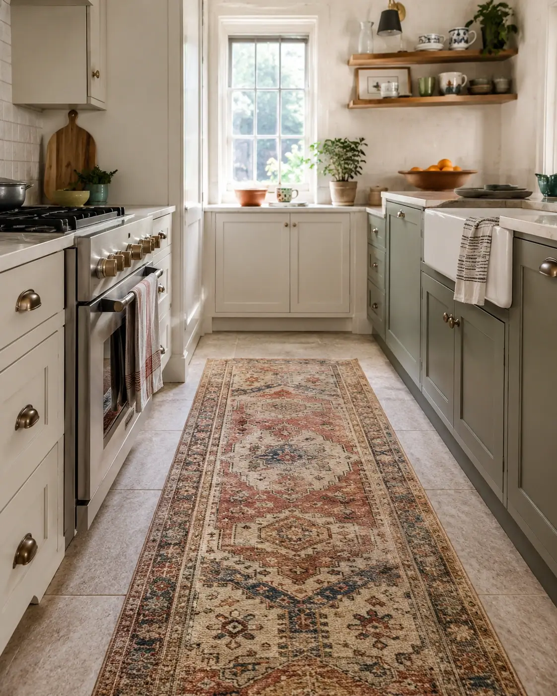 Whimsical hand-knotted wool runner rug adds floral pattern and warmth to a cozy farmhouse kitchen.