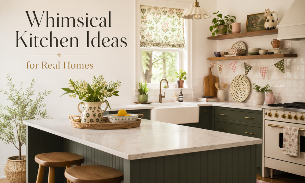 Whimsical kitchen with sage green cabinets, floral shade, open shelves, and vintage cottage decor