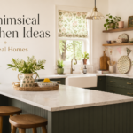 Whimsical kitchen with sage green cabinets, floral shade, open shelves, and vintage cottage decor