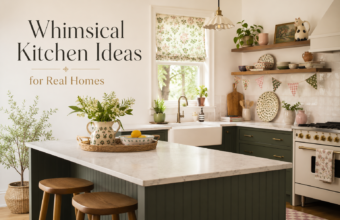 Whimsical kitchen with sage green cabinets, floral shade, open shelves, and vintage cottage decor