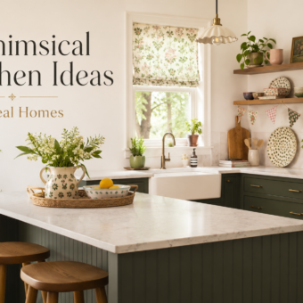 Whimsical kitchen with sage green cabinets, floral shade, open shelves, and vintage cottage decor