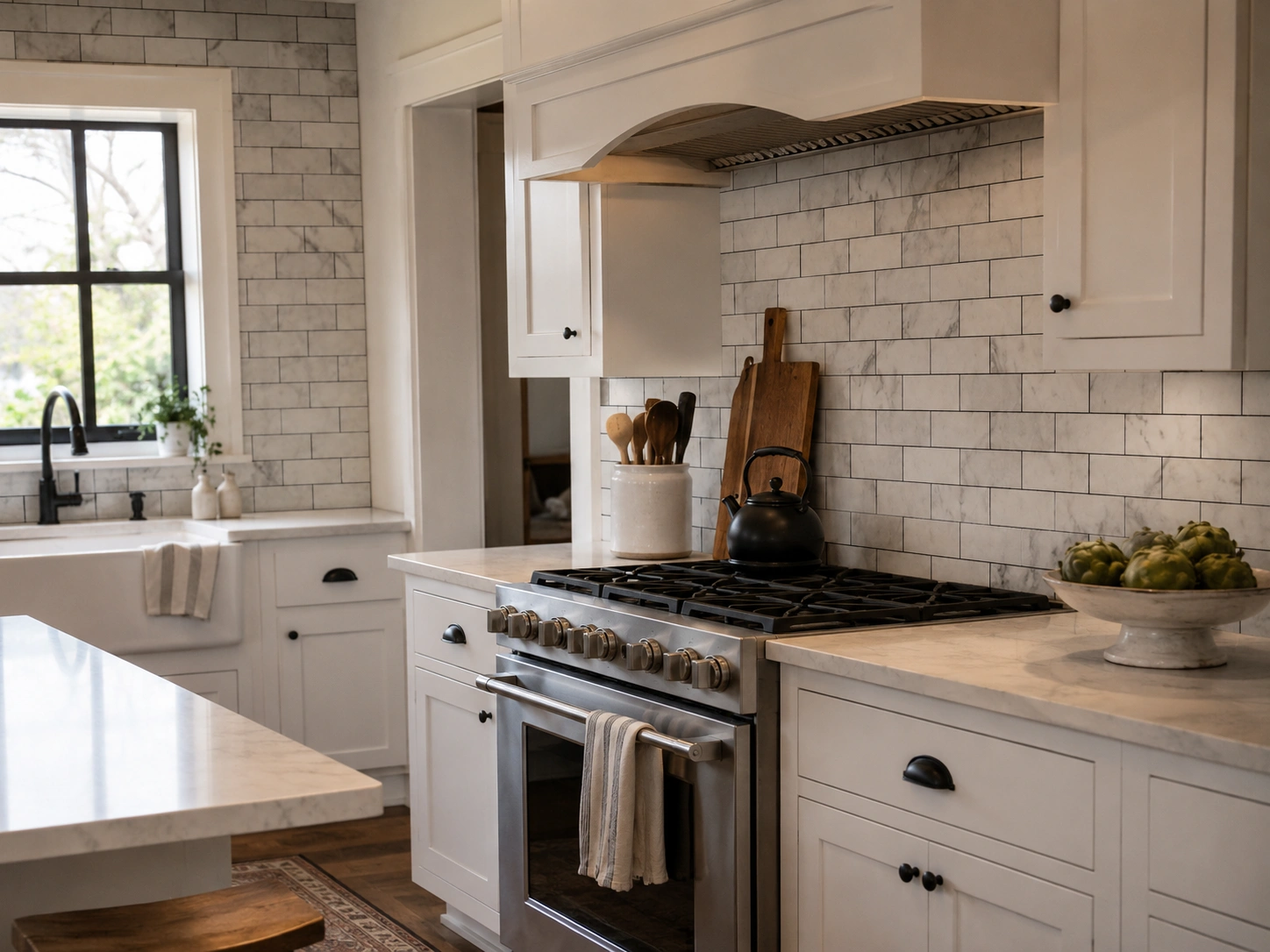 White Carrara marble subway tile backsplash with dark grout behind a range in a bright white kitchen.