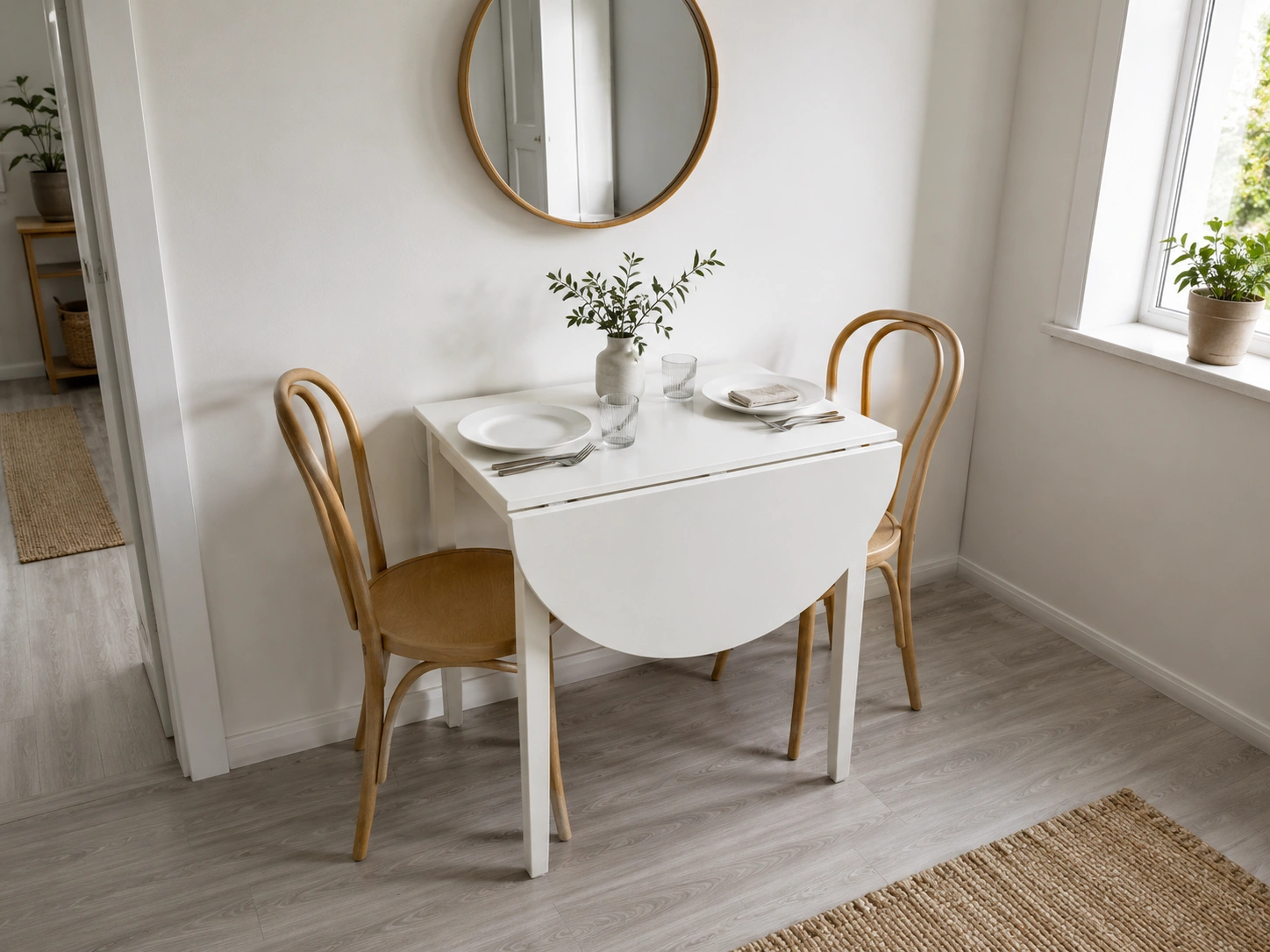 White drop-leaf table with two bentwood chairs in a small Scandinavian dining room.