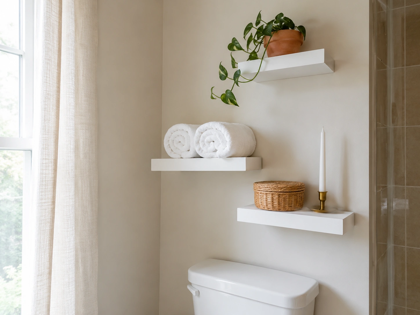 Staggered white floating shelves above a toilet with towels, wicker basket, candle, and pothos.