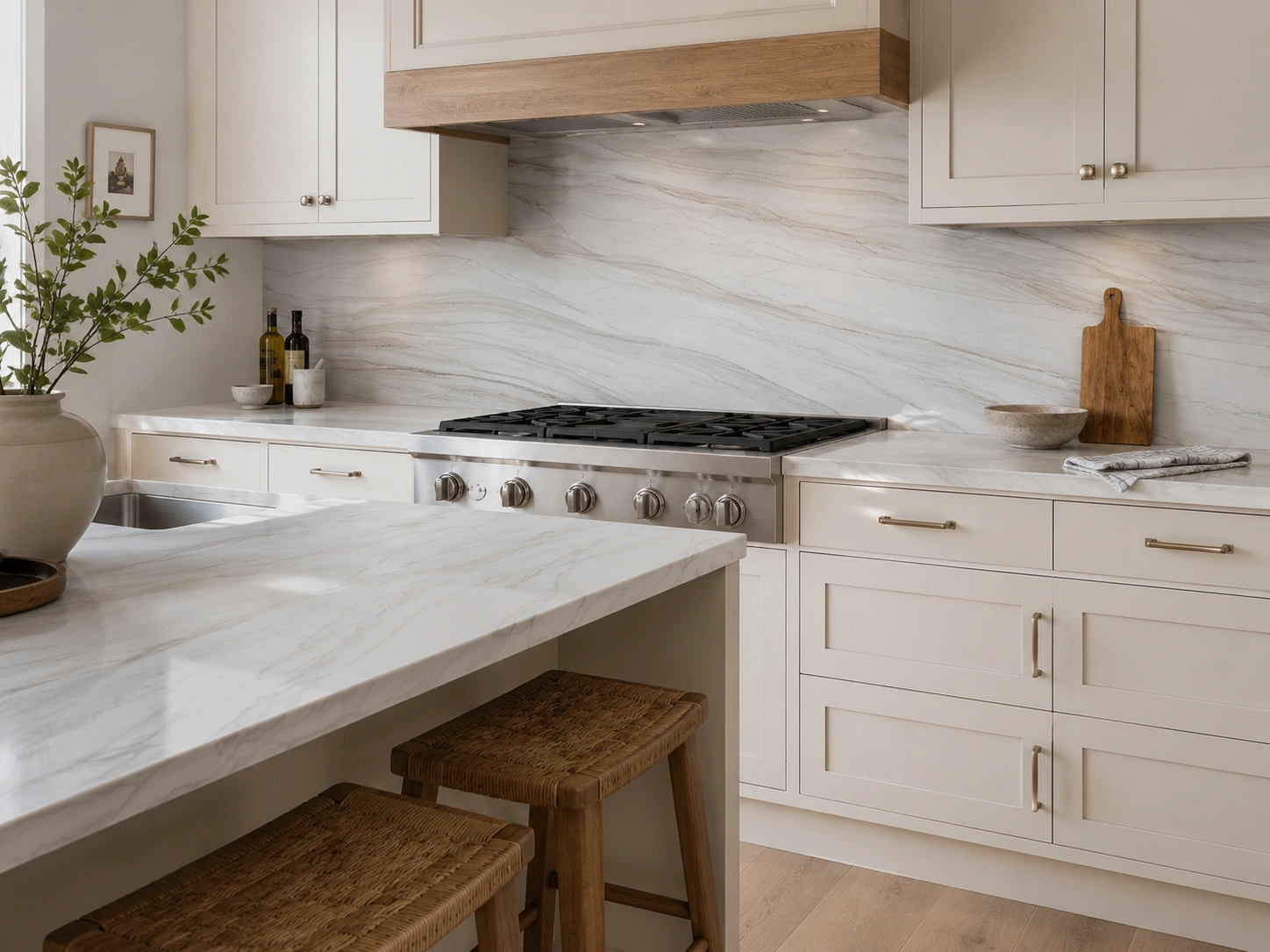 White quartzite slab backsplash matched to countertop in a cream kitchen with range and wood accentsWhite quartzite slab backsplash matched to countertop in a cream kitchen with range and wood accents