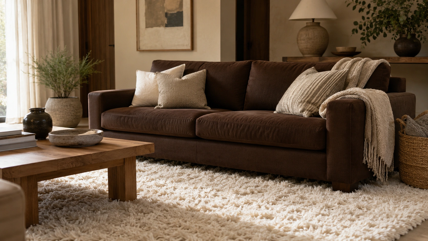Chocolate brown sofa styled with a white shag rug for bright contrast in a cozy neutral living room.