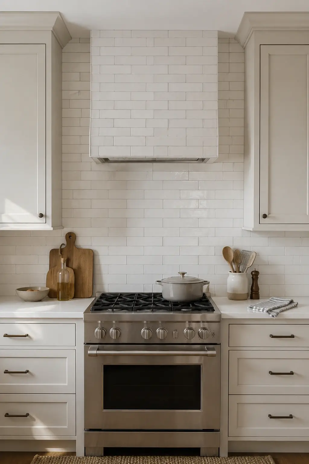 White subway tile hood aligned with backsplash grout lines above a stainless range in a cream kitchen.
