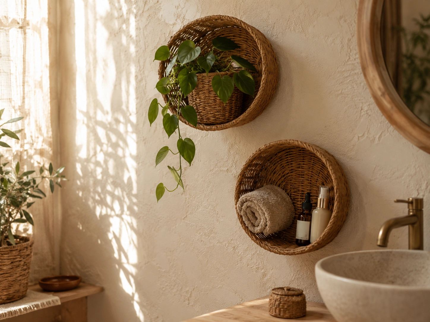 Wicker basket wall shelves with trailing plant, towel, and skincare bottles in a warm boho bathroom.