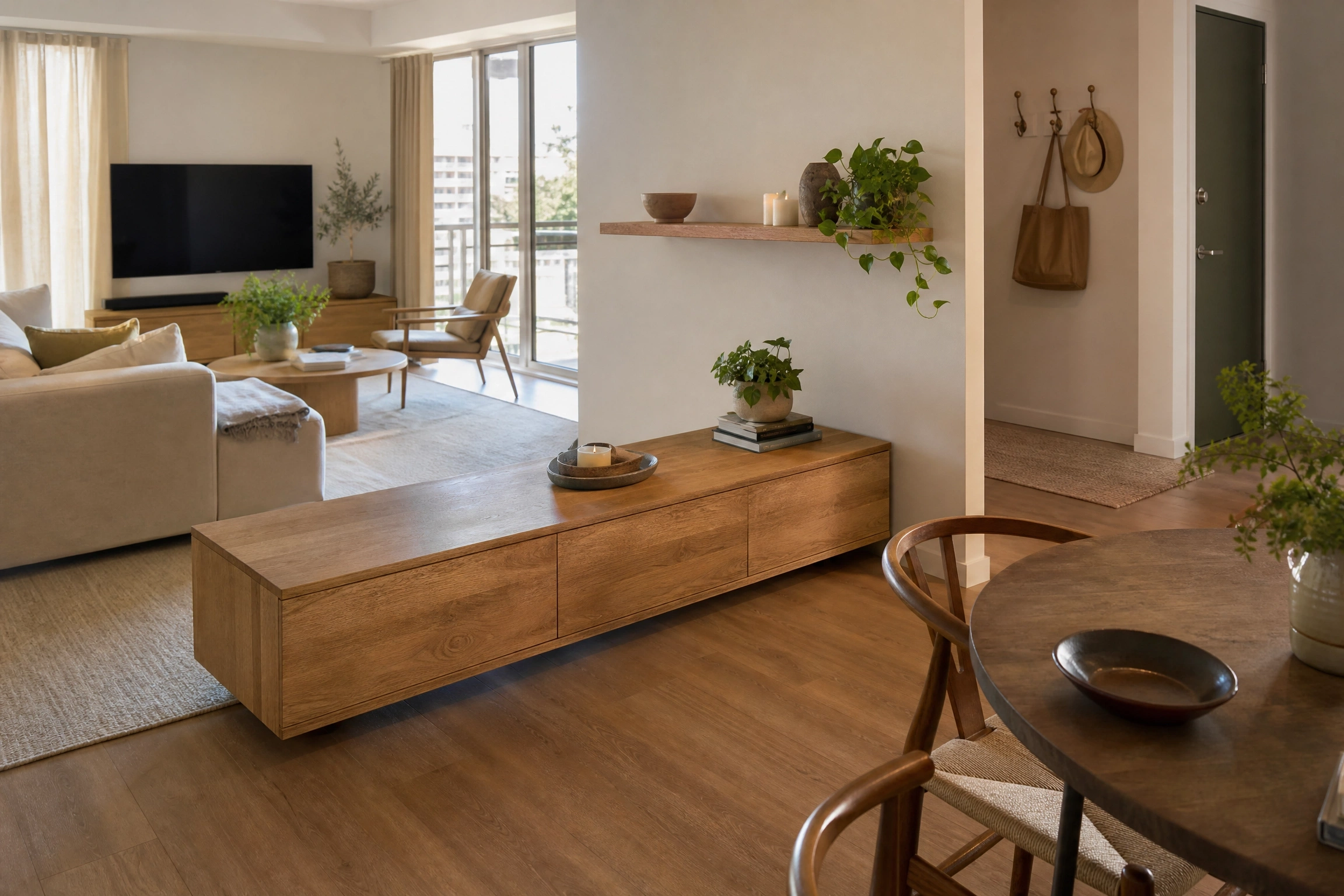 Wide floating wood TV console dividing an open-plan living and dining room.