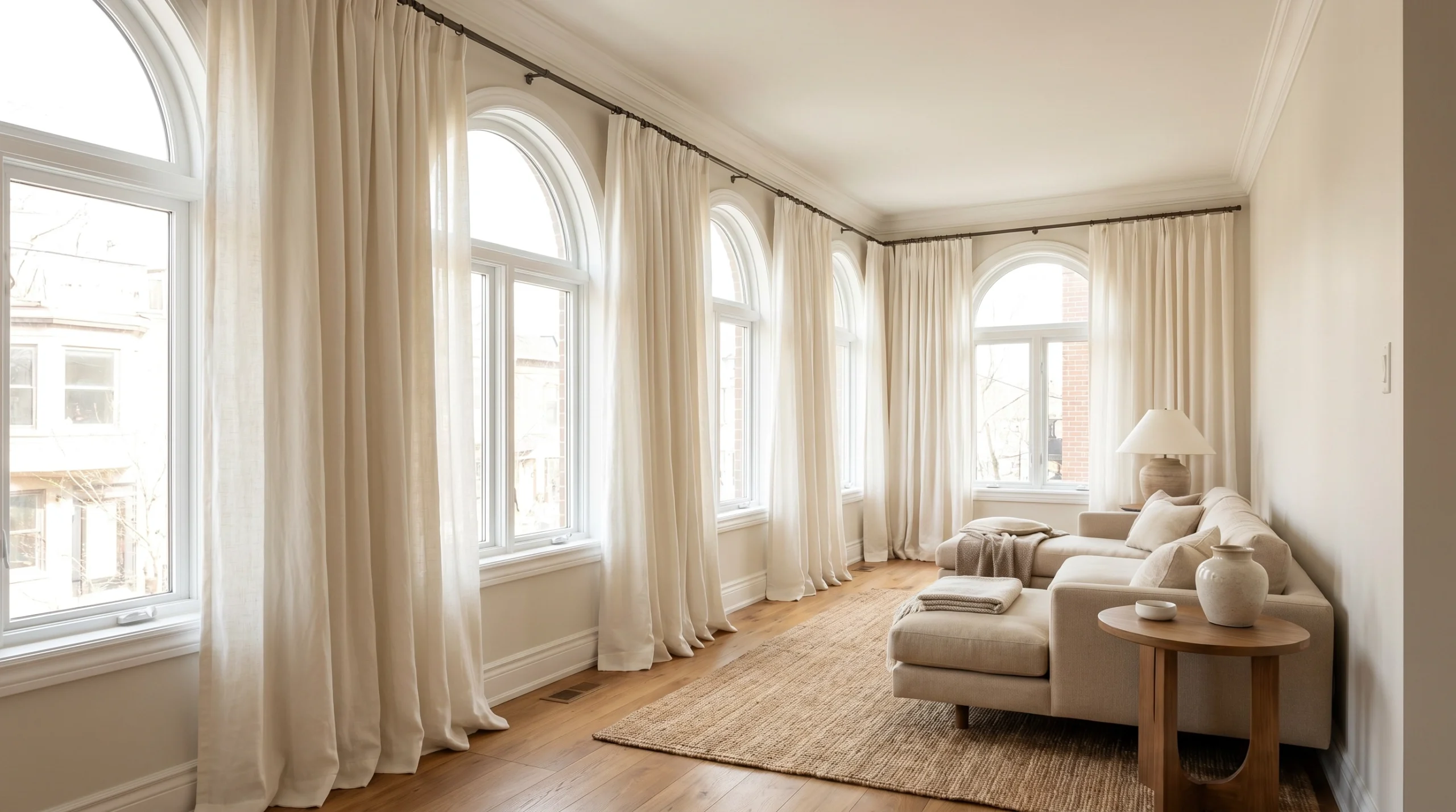 Cream curtains hung wide and high around arched living room windows to make the wall look broader.