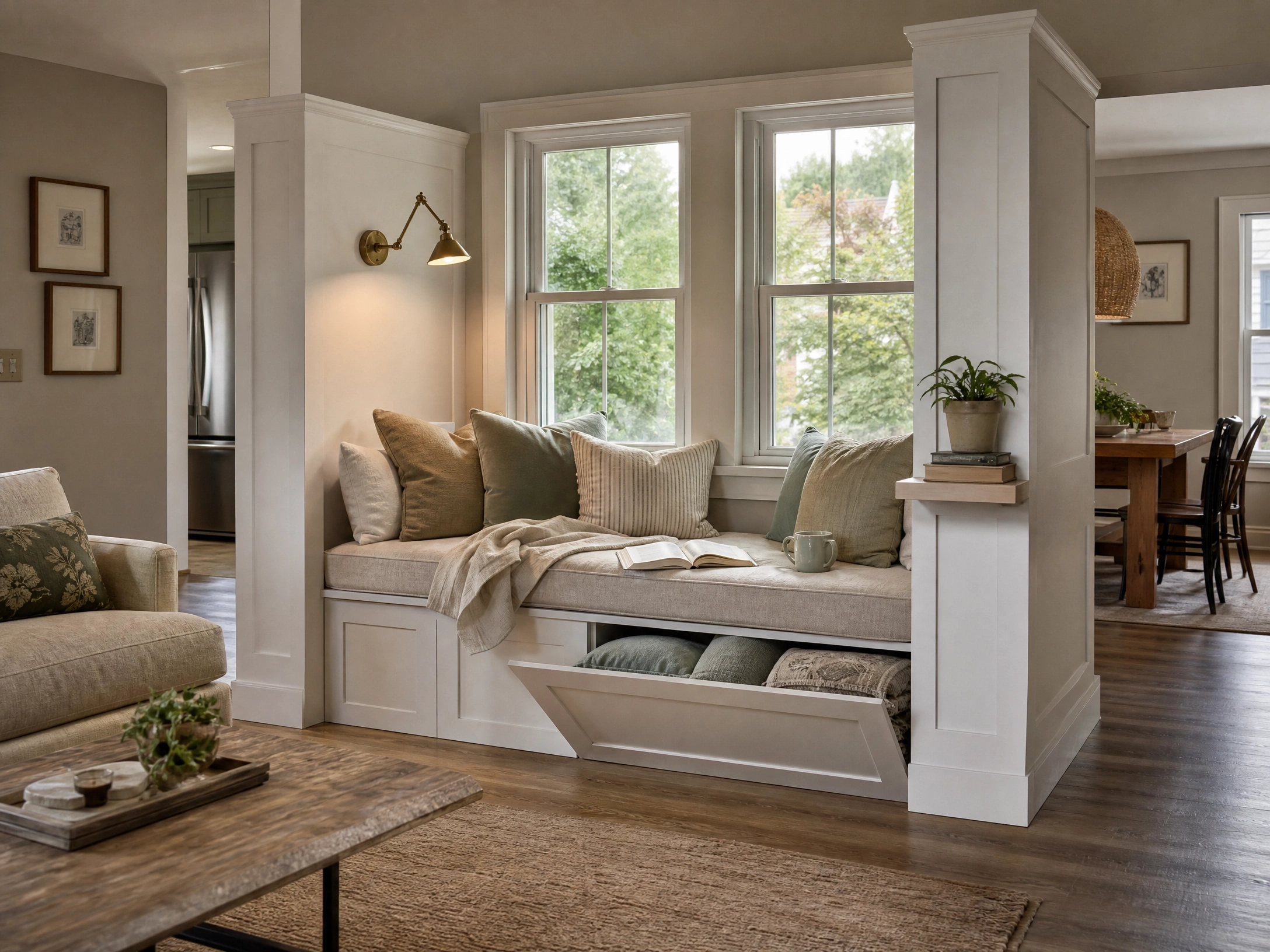 Window seat nook with storage drawers and structural side panels dividing an open living and dining area.
