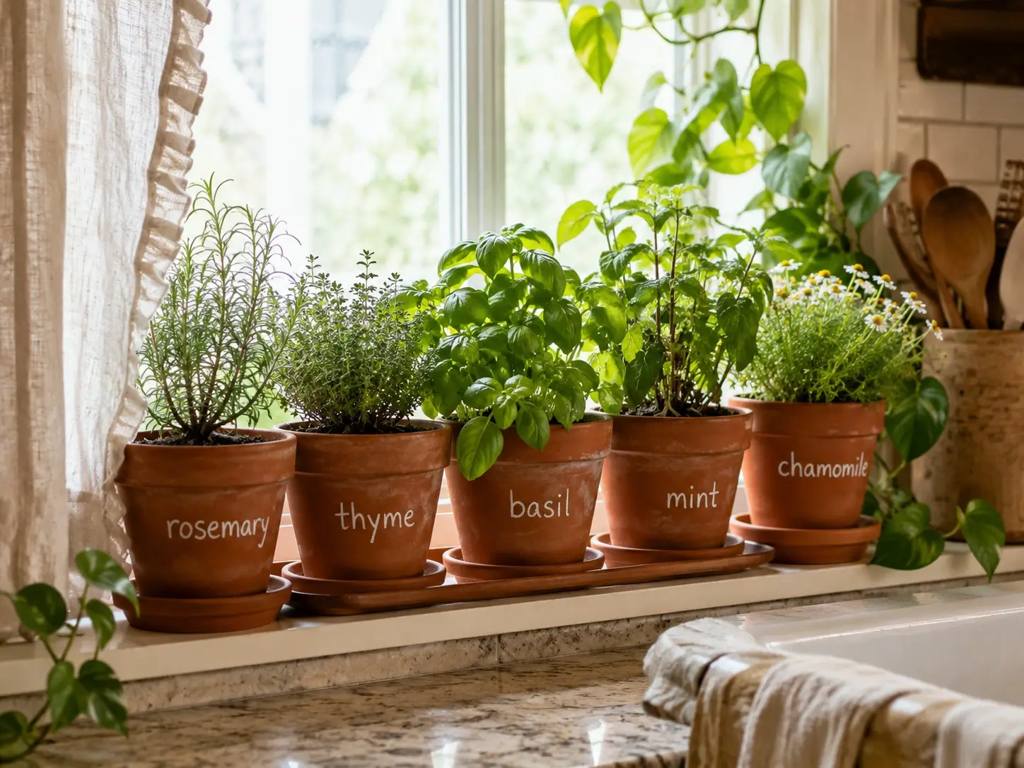 Labeled terracotta pots with rosemary, thyme, basil, mint, and chamomile on a sunny kitchen windowsill.