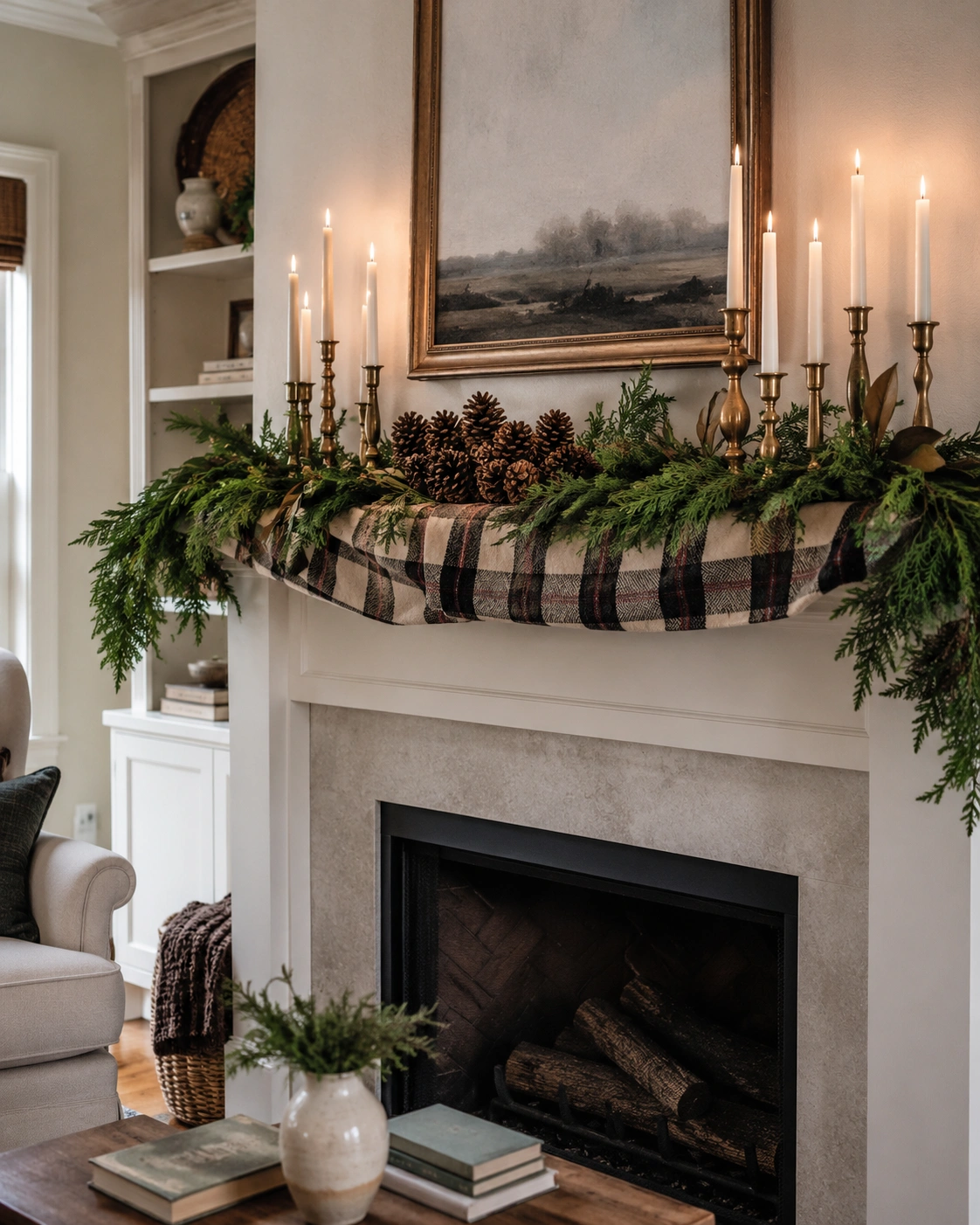 Winter mantel with pinecones, plaid fabric, brass candleholders, greenery, and warm metallic accents.