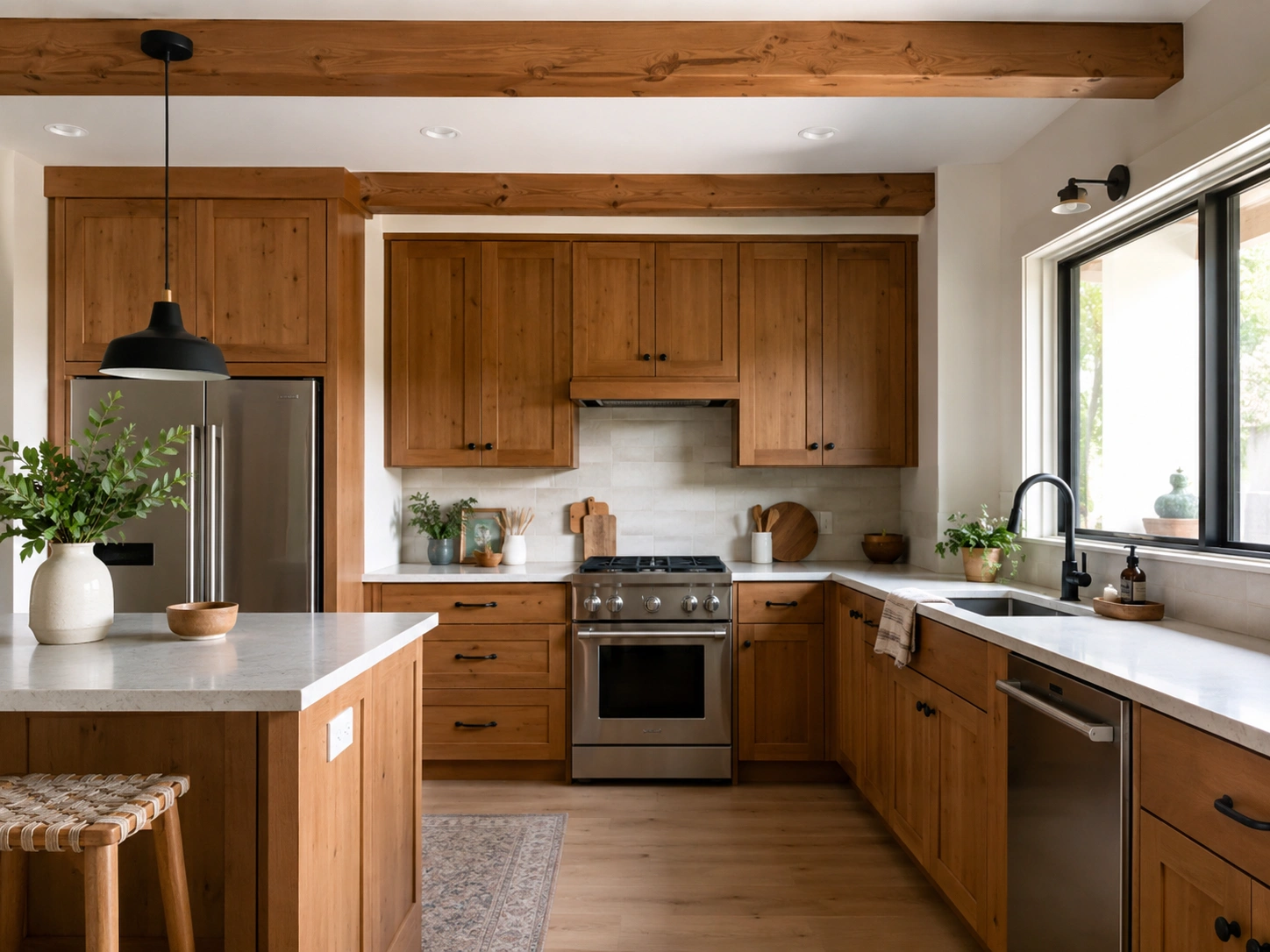 wood-ceiling-beams-alder-kitchen-cabinets
