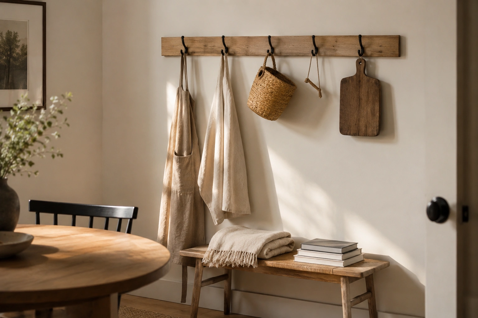 Wooden hook rail with linen aprons, woven basket, and cutting board in a small dining room.