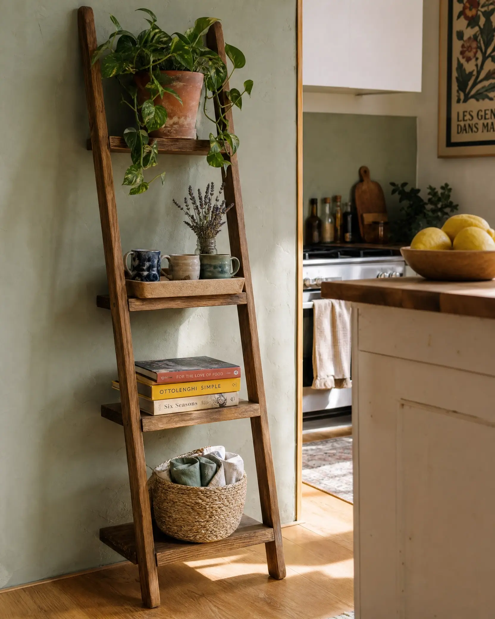 Wooden ladder shelf in a cozy kitchen displaying plants, mugs, cookbooks, and woven storage.