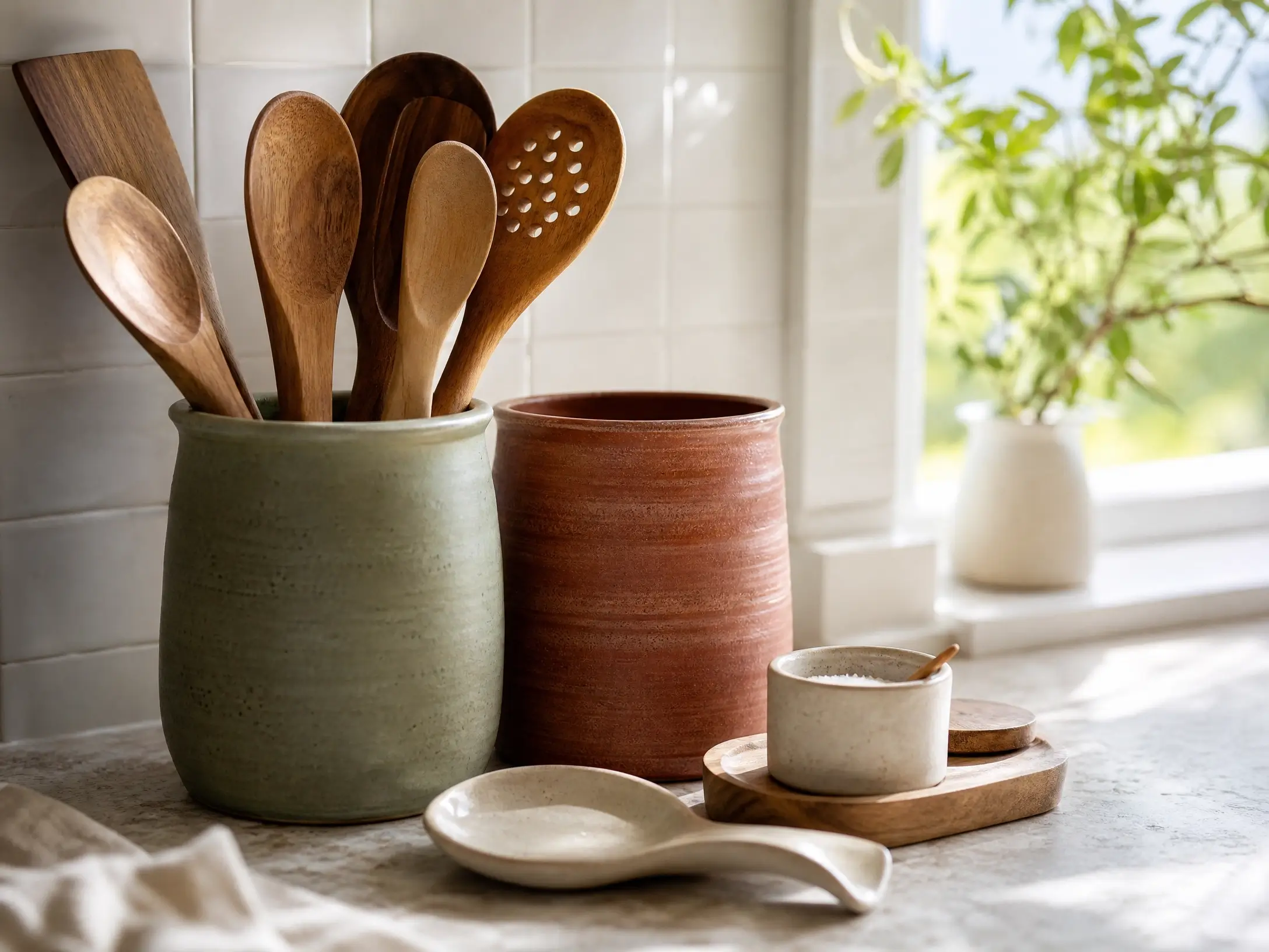 Wooden utensils in ceramic crocks on a cozy kitchen counter near a sunny window.
