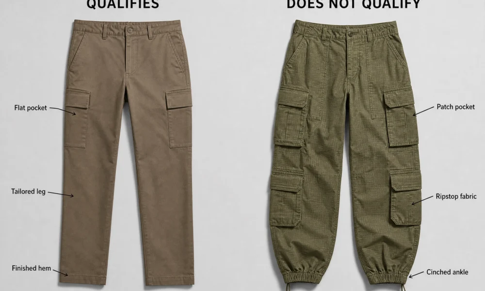 Side-by-side comparison of work-appropriate cargo pants and utility cargo pants with labeled features.