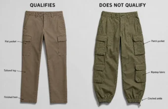 Side-by-side comparison of work-appropriate cargo pants and utility cargo pants with labeled features.