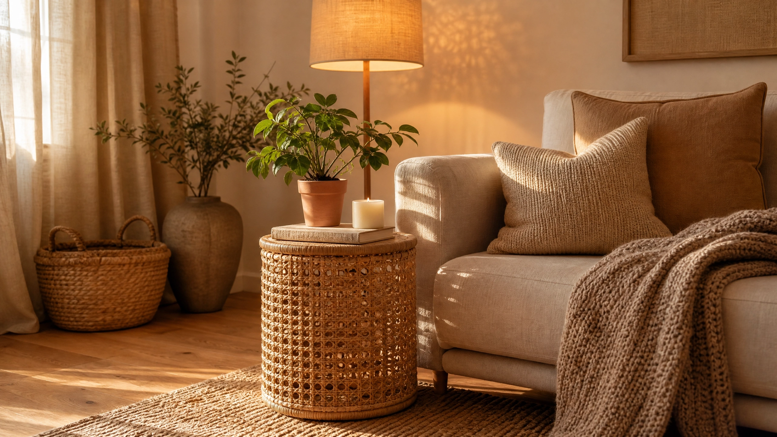 Woven rattan side table beside a beige sofa with warm lamp light, knit throw, plants, and earthy living room decor.