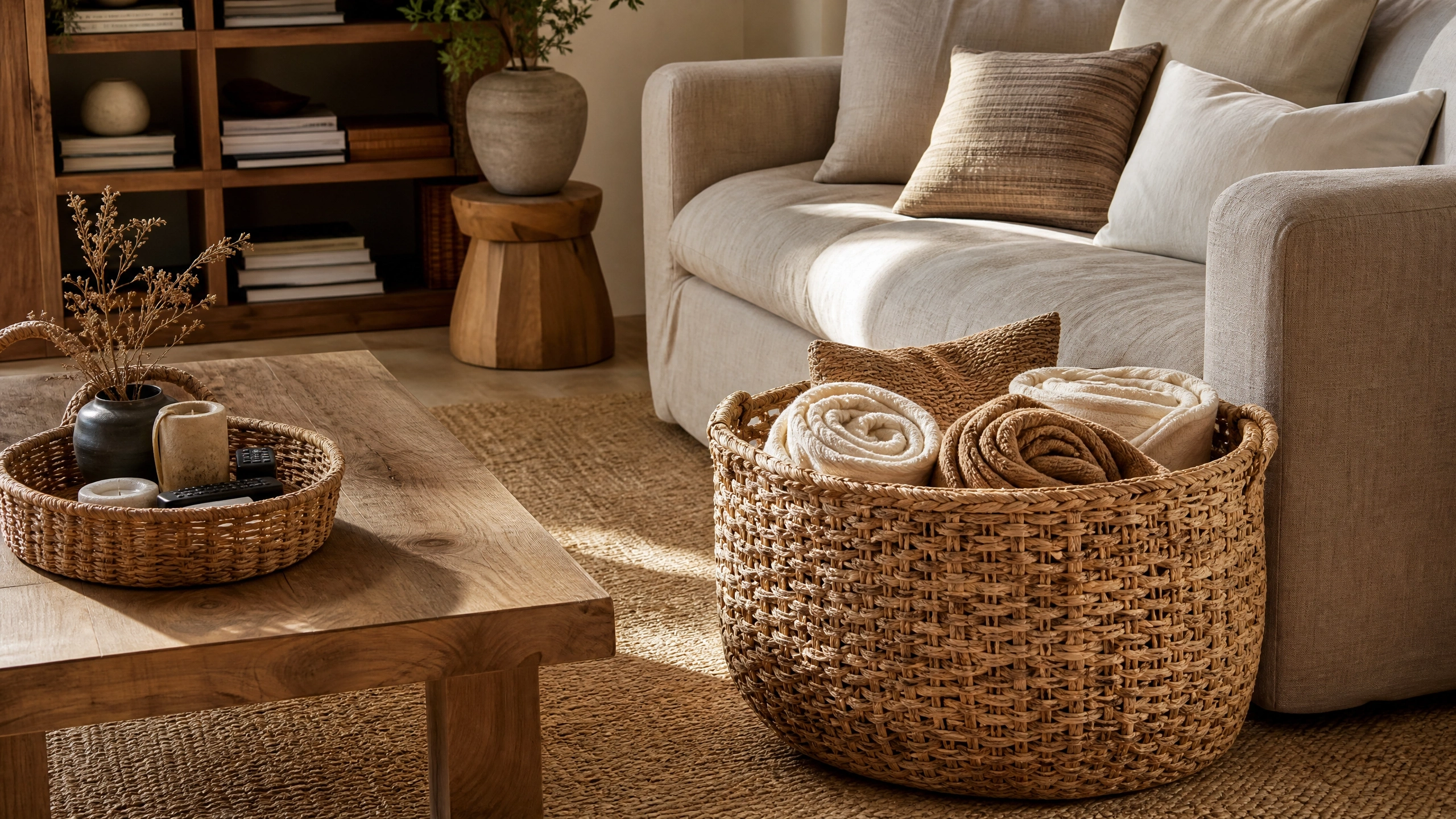 Woven seagrass storage basket filled with rolled blankets beside a neutral sofa in an earthy living room.