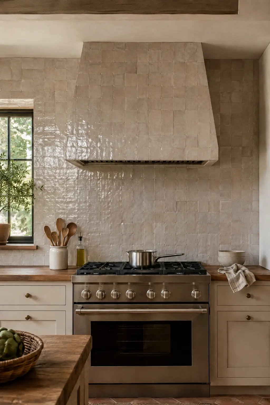 Zellige tiled hood blends into a glossy neutral backsplash above a stainless range.