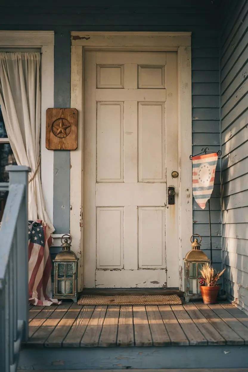 Vintage front porch with an American flag, patriotic banner, brass lanterns, and a weathered white door.