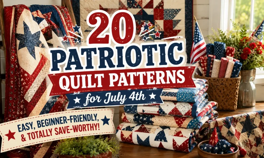 Stack of 20 easy, beginner-friendly patriotic quilt patterns for July 4th with red, white, and blue fabrics and American flag.