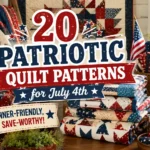 Stack of 20 easy, beginner-friendly patriotic quilt patterns for July 4th with red, white, and blue fabrics and American flag.