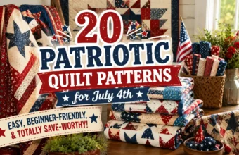 Stack of 20 easy, beginner-friendly patriotic quilt patterns for July 4th with red, white, and blue fabrics and American flag.
