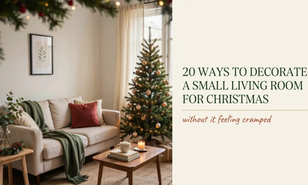 Small living room decorated for Christmas with a slim tree, garland, warm lights, and cozy red and green accents.