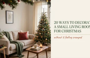 Small living room decorated for Christmas with a slim tree, garland, warm lights, and cozy red and green accents.