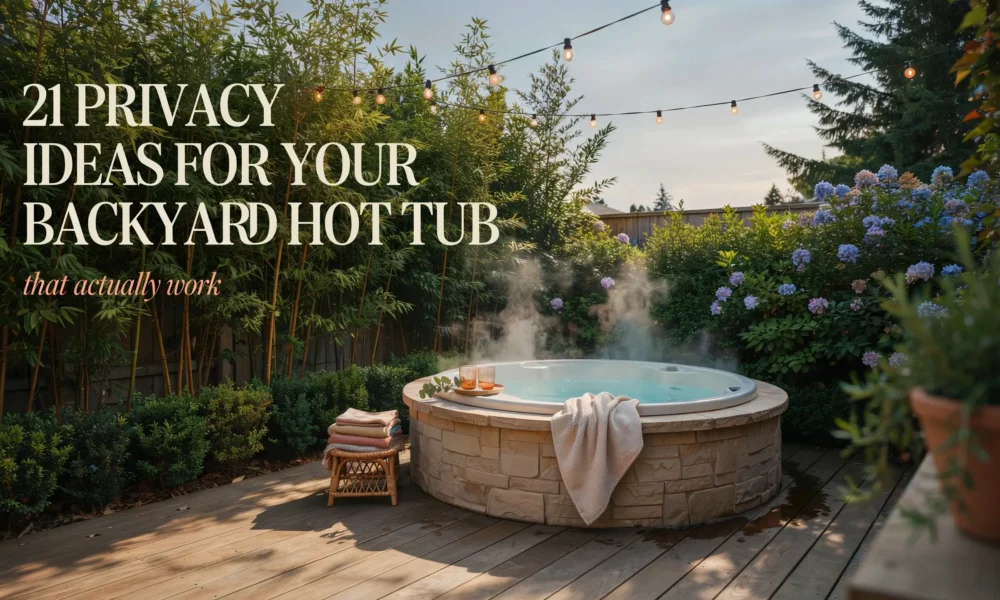 Round stone hot tub steaming on a backyard wooden deck surrounded by bamboo privacy screens and string lights