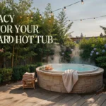 Round stone hot tub steaming on a backyard wooden deck surrounded by bamboo privacy screens and string lights