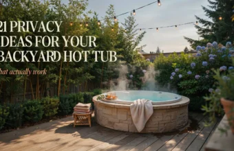 Round stone hot tub steaming on a backyard wooden deck surrounded by bamboo privacy screens and string lights
