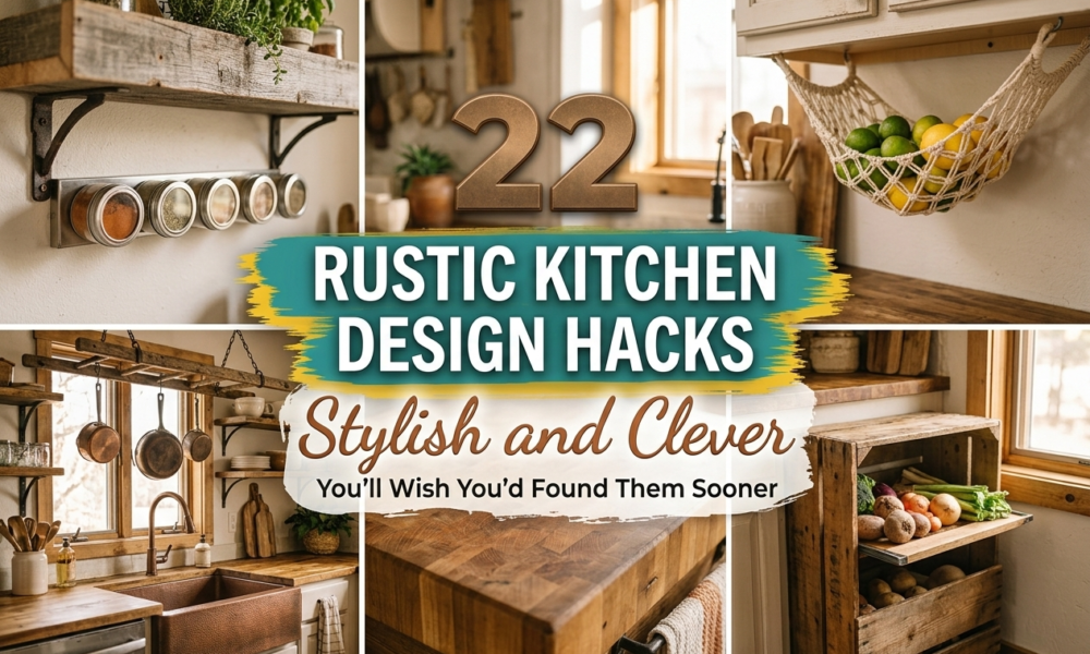 Collage of rustic kitchen design hacks with wood shelves, spice jars, fruit hammock, and butcher block island